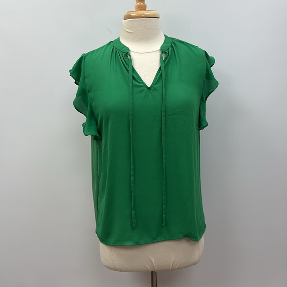 Ann Taylor Keyhole Flutter Sleeve Crepe Blouse Career Kelly Green Small - Picture 3 of 10